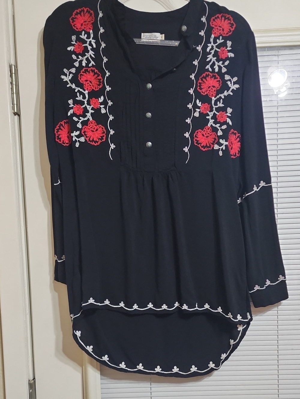 Tasha Polizzi Black Tunic with Red and White Floral Embroidery